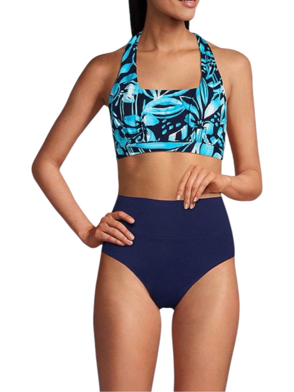 Lands End Square Neck Bikini Top Size XL Blue Black Deep Sea Navy Floral Excelle